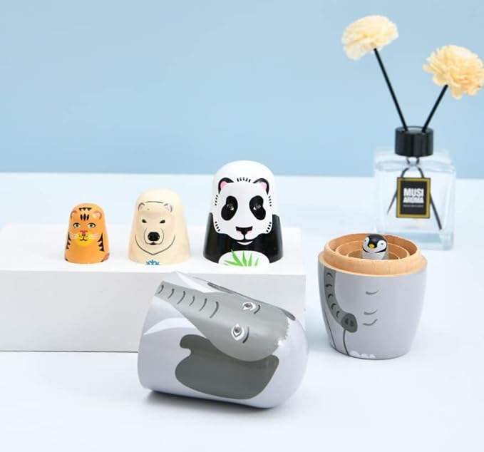 Long-Nosed Elephant Nesting Dolls Wooden Matryoshka Russian Doll Handmade Stacking Toy Set 5 Pieces for Kids