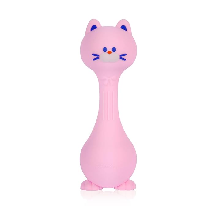 Baby Rattle Teething Toys Cat Silicone Teether Rattles for Baby 0-12 Months Food Grade Silicone (Pink)