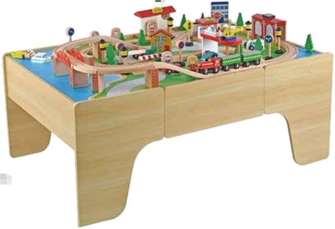 78 Piece Wooden Train Table for Kids, Multipurpose Activity Playset with Reversible Top, Built-in Storage Drawer & Train Tracks, Natural