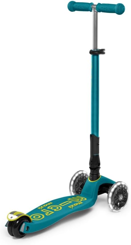 Micro Kickboard | Maxi Foldable LED Kids Scooter for Ages 5-12 | Children up to 110 lbs | 3 Wheel Lean-to-Steer Design | Adjustable T Bar | Smooth Ride, Motion Activated PU LED Wheels | Swiss Design