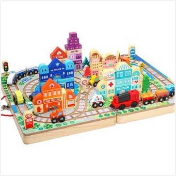 Adena Montessori Wooden Take-Along Tabletop for Toddlers,75 Blocks Set Track Train Set,Electric Train City Building Construction Stacking Blocks Preschool Learning Educational Toys(Large Size)