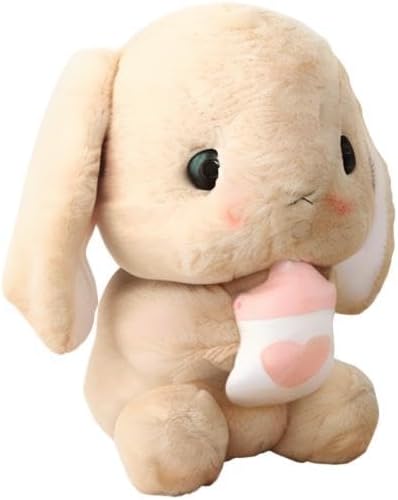 HOUPU Soft Toy - Sitting Lop Eared Rabbit, Easter White Rabbit Stuffed Bunny Animal with Carrot Soft Lovely Realistic Long-Eared Standing Pink Plush Toys (Brown-Milk Bottle,8.6in/22cm)