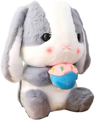 HOUPU Soft Toy - Sitting Lop Eared Rabbit, Easter White Rabbit Stuffed Bunny Animal with Carrot Soft Lovely Realistic Long-Eared Standing Pink Plush Toys (Ash White-Cake,8.6in/22cm)