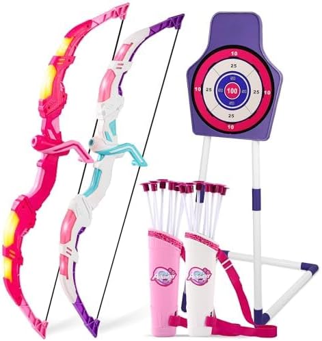 Bow and Arrow Set for Kids, 2 Pack LED Light Up Archery Set with 20 Suction Cup Arrows, Indoor and Outdoor Toy for Boys Girls Age 4-8 8-12 with Standing Target&2 Quivers, Birthday Gift 3-12 Years Old