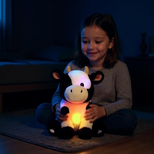 Light-up Singing Plush Cow LED Musical Stuffed Animal Adjustable Volume Lullaby Plushies Birthday Christmas Toy Gifts for Kids Toddler Girls, 13"