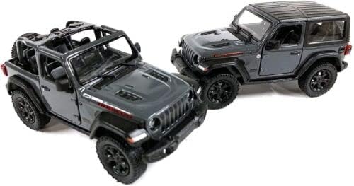 KiNSMART - Jeep Wrangler Rubicon Off Road 4x4 5 inch 1:34 Scale Die Cast Model Replica Toy Car (Grey Open Top & Hard Top Set of 2)