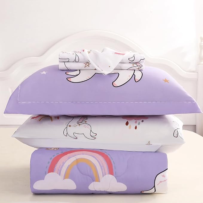 Wajade Kids Purple Unicorn Comforter Set Bed in A Bag Full Size 7 Piece Cute Unicorn Rainbow Clouds Bedding Set for Girls (1 Comforter, 1 Flat Sheet, 1 Fitted Sheet, 2 Pillowcase and 2 Pillow Sham)