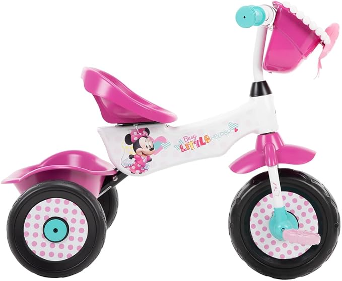Huffy Disney Minnie Mouse Girl's Trike, Ideal for Ages 3+, Minnie Mouse Graphics, Pink Handlebar Bow Basket, Storage Bins for Snacks or Toys, Sturdy and Durable, Safe for Toddlers