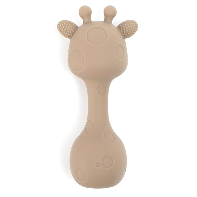 Silicone Little Giraffe Shaker Rattle Toy for Babies | Food Grade Silicone Teether | Easy to Grip | BPA Free (Sand)