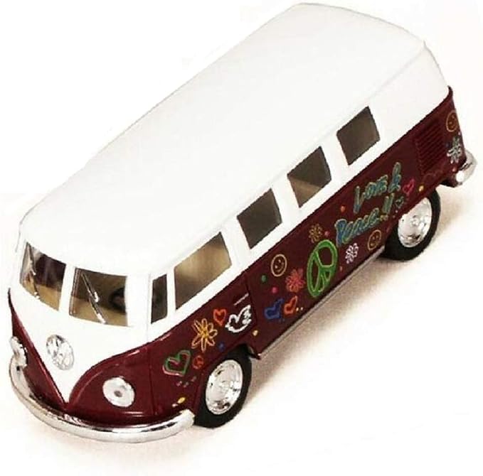 KiNSMART 1962 Volkswagen Classic Bus 1:32 Scale 5" Die Cast Metal Model Toy Van Pullback Acation (Maroon Flower Power)