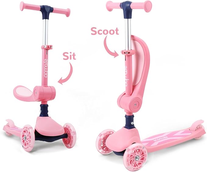 Stompa Kids Scooter 2-in-1 Light Up 3 Wheel Scooters with 4 Levels Adjustable Handlebar, Foldable Seat, Widen Non-Slip Deck for Girls & Boys Max 110 Lbs