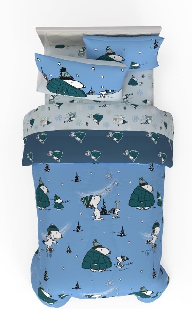 Collectibles Peanuts Snoopy Puffer Coat Holiday & Christmas Bedding Soft Comforter and Sheet Set with Sham, 5 Piece Twin Size, (Officially Licensed Product) By Franco