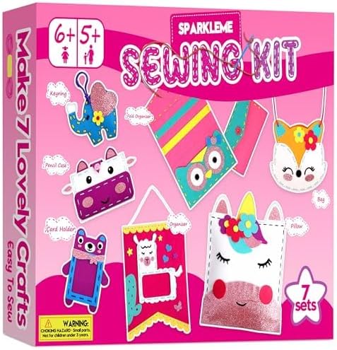 Sewing Craft Kit for Girls: DIY Felt Sewing Kit for Kids Ages 5-10, 7 Fun Projects with Stuffed Animals & Pillows, Learn to Sew Kit for Beginners, Ideal for Christmas & Birthday, Arts & Crafts Ideas