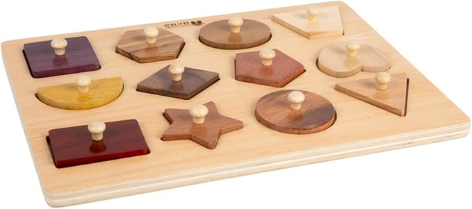Montessori Toys for Toddlers 18M+, Wooden Shape Peg Puzzles for Kids 2 3 Years Old, Baby Puzzle Board with Knob & Classic Color, Preschool Educational Learning Toy‒Shape Sorter (12 Geometric Shapes)