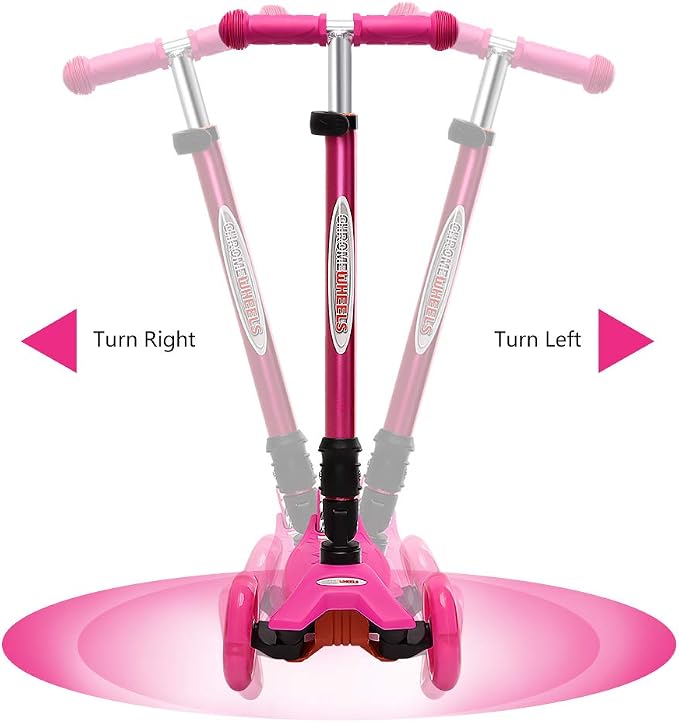 ChromeWheels Foldable Scooters for Kids, Deluxe Kick Scooter 4 Adjustable Height 132lbs Weight Limit 3 Wheel, Lean to Steer LED Light Up Wheels, Best Gifts for Girls Boys Age 3-12 Year Old