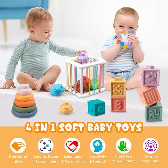 Plunack 4-in-1 Baby Toys for 6-12 Months - Montessori Soft Stacking Blocks for Babies 9 Months+, Infants Teething Toys, Sensory Balls and Educational Learning Set for Toddlers (Boys & Girls)