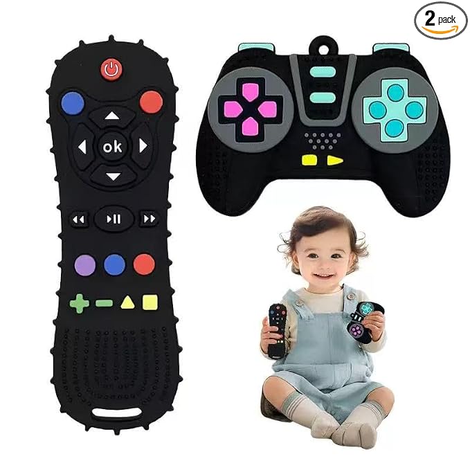 AALFA Baby Teething Toy, Soft TV Remote+Game Machine Shape Chew Set Intellectual Development Intellectual Development Educational Toy,Safe Silicone Toddler Infant (Black (handle+remote control))
