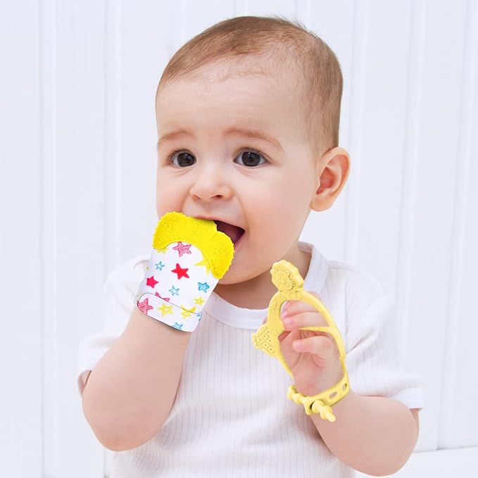 Vicloon Silicone Teething Mitt, 2Pcs Baby Teething Mitten with Adjustable Strap, Crinkle Sound and Textured, Self Soothing Baby Chew Toys for 0-6 Month Infants