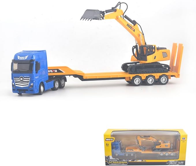 Flattrailer Heavy Duty Semi Trailer Tractor Truck w/ Excavator - Metal Construction Vehicle Toy for Kids