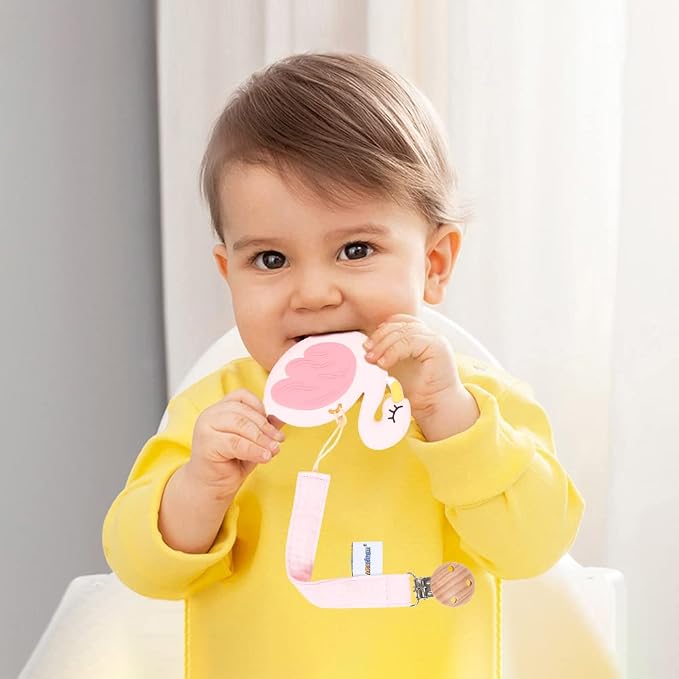 Baby Food Grade Silicone Teether Toy with Pacifier Clip Holder,Teething Pain Relief Toys Gift Set for 3 Months+ Boys and Girls,Freezer Safe,BPA Free (Pink Flamingo)