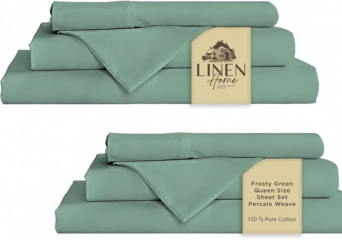 Linen Home 2-Pack Queen Sheet Set, 100% Cotton Percale Bedding, 8-Piece Value Bundle, Deep Pocket Cooling Bed Sheets for Hot Sleepers, Breathable & Crisp Hotel Quality, Long-Staple Cotton Frosty Green