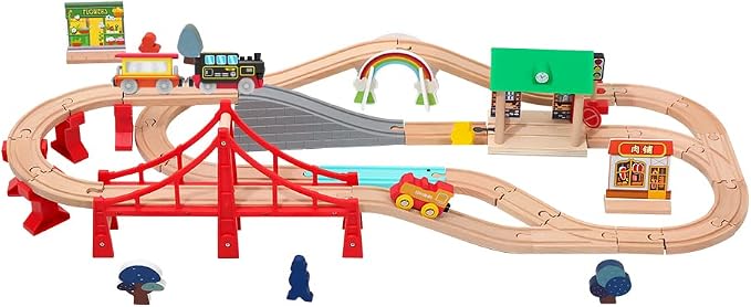 Motorized Train for Wooden Track – Black & Red Steam Locomotive with Flashing Carriage that Reveals Passenger Images, Lights & Sounds, Compatible with Thomas & Brio, Gift for Toddlers 3+