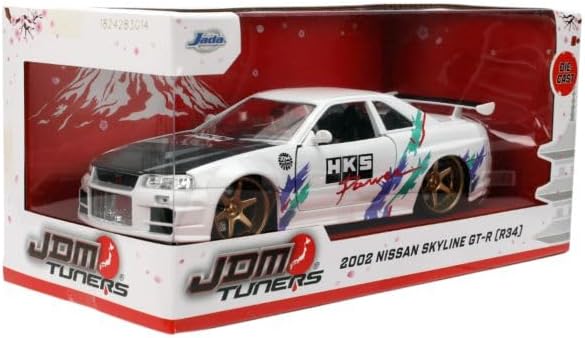 Jada Toys JDM Tuners 1:24 Die-Cast 2002 Nissan Skyline GT-R (R34), Opening Doors, Detailed Interior, Rubber Tires, Collectible for Ages 8+(Glossy White)