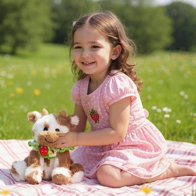 Hopearl Adorable Plush Cow Toy with Knitted Cute Strawberry Bib Floppy Dairy Cattle Soft Stuffed Animal Kawaii Gift for Boys Girls Kids Toddlers, Light Brown, 9''