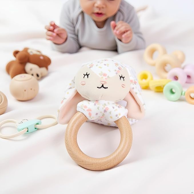 Pearhead Bunny Wooden Baby Teether – Soft Plush Lovey with Floppy Ears & Natural Wood Rattle Ring, BPA-Free, Soothes Infant Gums, Multi-Sensory Newborn Essential for Girls, Pink Floral, 0+ Months