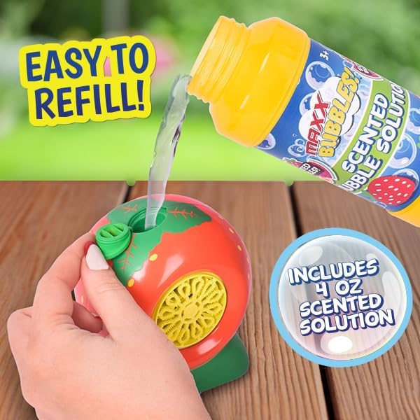 Mini Fruit Bubble Blowers with 4oz Scented Bubble Solution – Bubble Makers for Kids, Battery Operated Bubble Machines - Strawberry, Watermelon, Orange, Pineapple, Receive One Style at Random