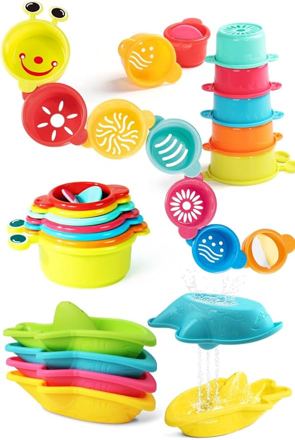 Zeewoo Baby Bath Toys for Kids Ages 1-3 Toddler Bath Toys Mold Free Bathtub Toys for 12+ Months Pool Water Table Beach Sand Toys Stacking Cups Floating Boats for 1+ Years Old Girls Boys Gifts 11 PCS