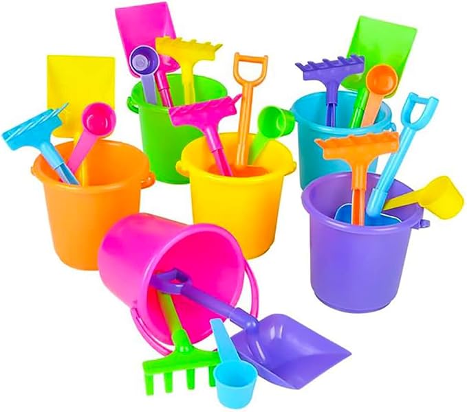The Dreidel Company Mini Beach Playsets 24-Pack, Play Set Includes 1 Sand Bucket, 1 Shovel, 1 Rake, and 1 Scoop, Birthday Treats for Boys and Girls, Party Favors for Kids and Toddlers