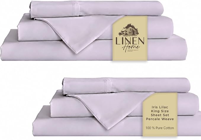 Linen Home 2-Pack King Sheet Set, 100% Cotton Percale Bedding, 8-Piece Value Bundle, Deep Pocket Cooling Bed Sheets for Hot Sleepers, Breathable & Crisp Hotel Quality, Long-Staple Cotton, Iris Lilac