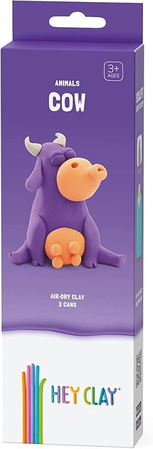 HEY CLAY Modelling Air-Dry Clay with Fun Interactive App - Modeling Clay and Crafts Set for Kids Ages 3 to 8 - Series Animals & Rainbow Unicorns, 3 cans (Animals: Cow)