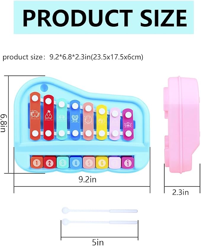 2 in 1 Piano Xylophone for Toddlers, 8 Multicolored Cause and Effect Toys Baby Xylophone, Musical Instrument Toy Piano for Toddlers(Pink)