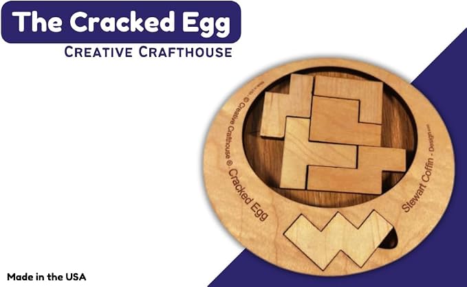 Creative Crafthouse Cracked Egg Wood Brain Teaser Puzzle for Adults | Fit all 6 wood pieces into the egg-shaped opening. A level 8 of 10 Stewart Coffin dissection puzzle, made in the USA.