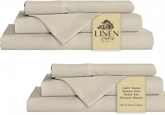 Linen Home 2-Pack Queen Sheet Set, 100% Cotton Percale Bedding, 8-Piece Value Bundle, Deep Pocket Cooling Bed Sheets for Hot Sleepers, Breathable & Crisp Hotel Quality, Long-Staple Cotton, Light Taupe