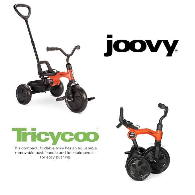 Joovy Tricycoo Fold & Go Toddler Tricycle Featuring Removable, Adjustable Push Handle, Lockable Front Pedals, Height-Adjustable Seat, 3-Point Safety Harness, and Rear Storage Box (Rorange), Large