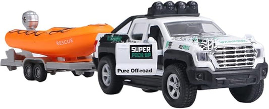 Pickup Truck Trailer Towing Speed Boat 2 in 1 Playset Diecast Model Car Metal Pull Back Toy Cars 1/36 SUV Vehicle Outdoor Sandbox Adventure Play Set Doors Open Light Sound Boys Toys Kids Gifts