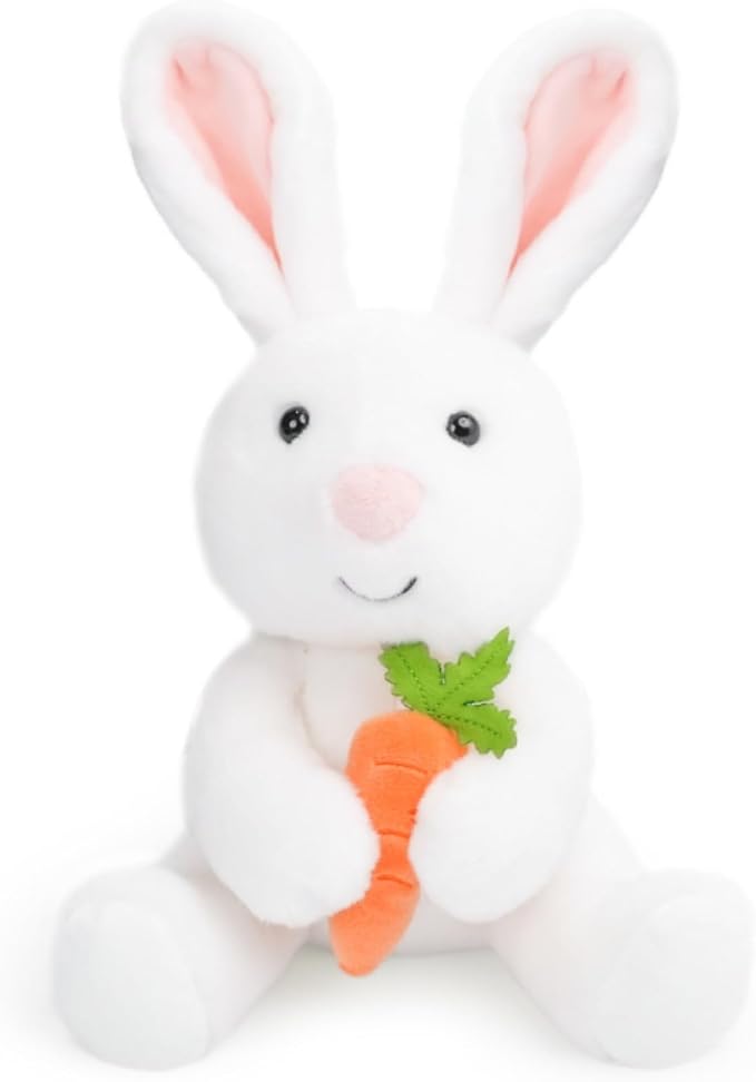Bunny Plushie Holding Carrot Stuffed Animal Soft Toy Foodie Vegetable Theme Easter Basket Stuffers Gifts for Baby Boy Kids Children Nursery Room Decor Holiday Spring Surprise 10.6 Inch 5.1 oz