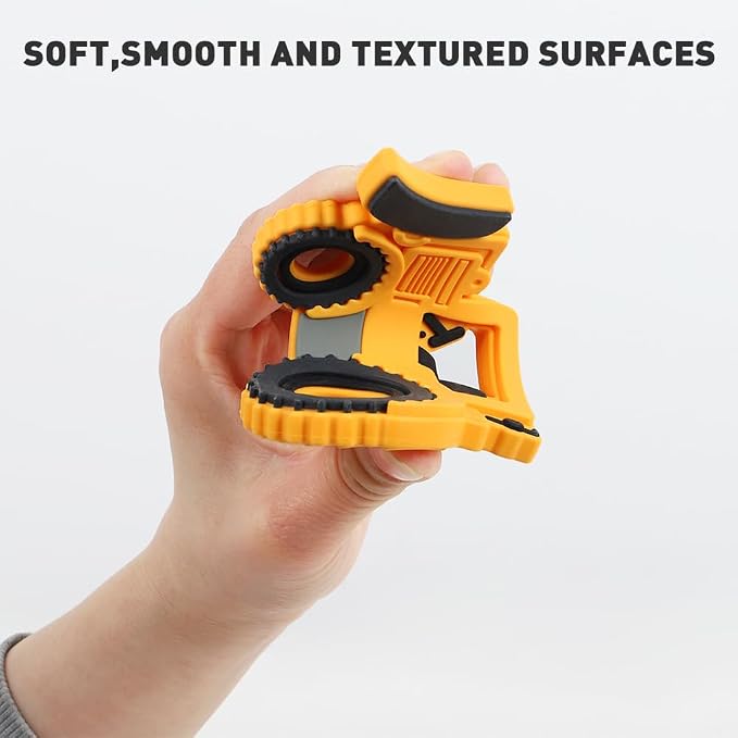 Baby Construction Vehicles Teething Toys,Food Grade Silicone Teether with One-Piece Pacifier Clip Holder,Shower Gift for 3 Months+ Boy and Girl,BPA Free,Freezer Safe. (Bulldozer)