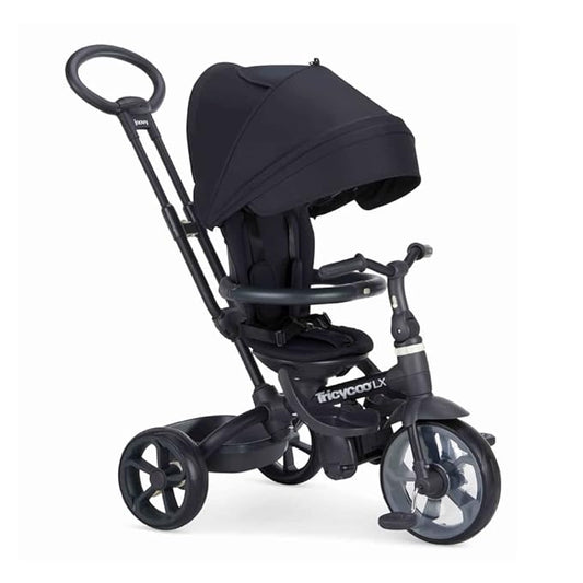 Joovy Tricycoo LX Premium Kids Tricycle with 8 Stages Featuring Chunky Front Tire, Removable and Adjustable Parent Handle, Machine-Washable Seat Pad, and Retractable Canopy, Black, 1 Count (Pack of 1)