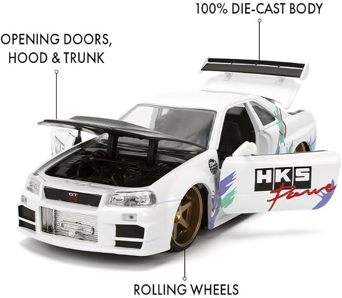 Jada Toys JDM Tuners 1:24 Die-Cast 2002 Nissan Skyline GT-R (R34), Opening Doors, Detailed Interior, Rubber Tires, Collectible for Ages 8+(Glossy White)
