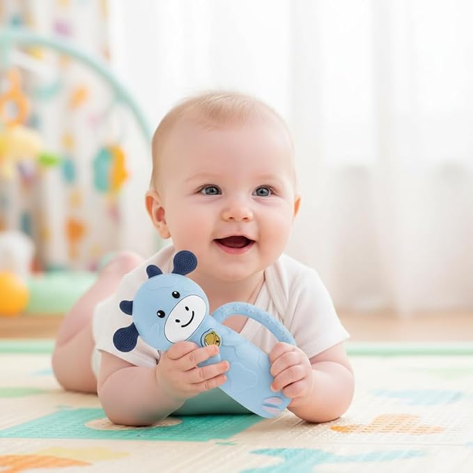 MooMoo Baby Musical Toy, 4‑in‑1 Light‑Up Sensory Toy & Teether for 3–24 Month Babies, BPA‑Free with Easy‑Grip Handle, Cute Cow‑Shaped Travel Toy for Car Seat & Stroller (Blue)
