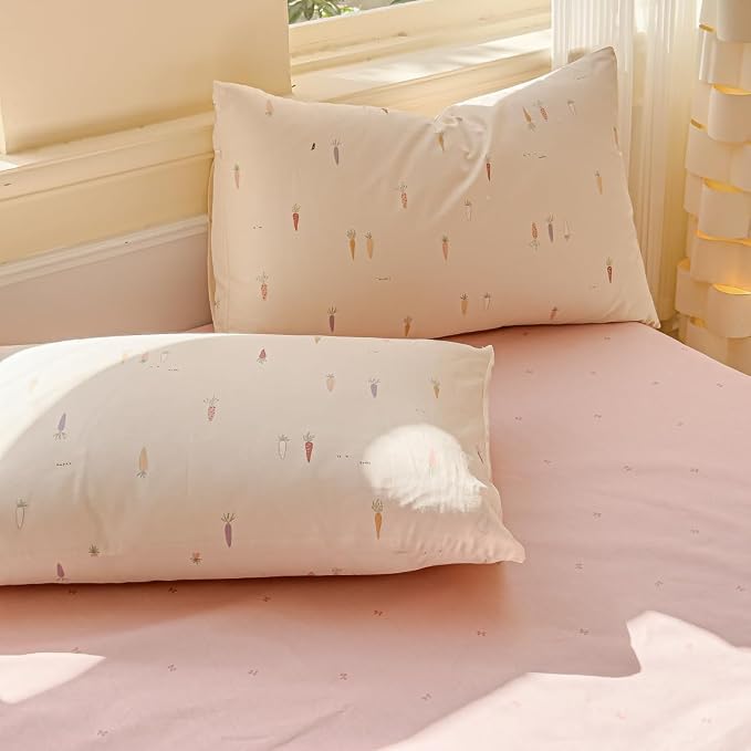 LIWHENHAO Duvet Cover Set Twin 100% Cotton Bedding Cartoon Cute Colorful Carrot Print on Cream White 1 Farmhouse Style Beige Comforter Cover Zipper Closure 2 Pillowcases for Kids Girls Boys