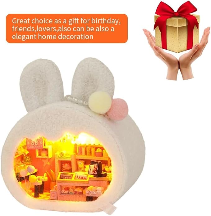 Miniature Dollhouse Kit DIY Wooden Dolls House,Tiny House kit with Furniture, Great Handmade Crafts Gift for Birthday Valentine's Day (Rabbit Dessert Shop)