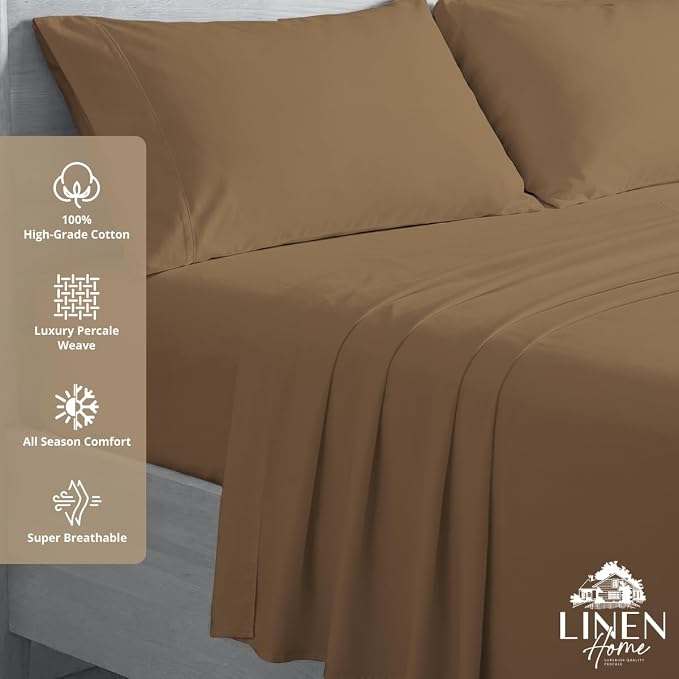 Linen Home 100% Cotton Percale Sheets Twin XL Size, Earthy Brown, Deep Pocket, 3 Pieces Set- 1 Flat, 1 Fitted and 1 Pillowcase, Crisp Cool and Long Staple Strong Bed Linen