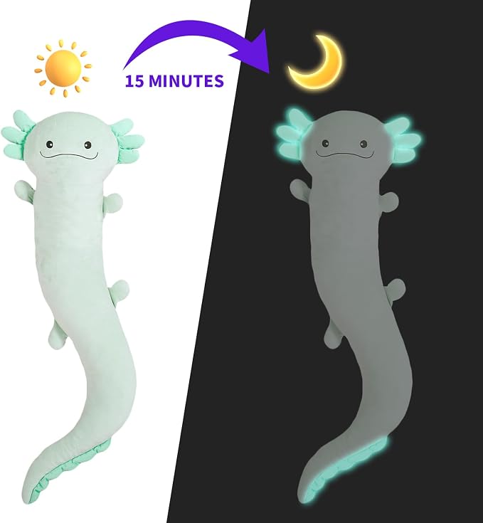 Tianmihou 48 inch Giant Axolotl Plush Stuffed Animal, Big Light Green Axolotl Glow in The Dark Fluorescent Plushies, Jumbo Stuffy Body Pillow Gifts for Kids Adults, Birthday
