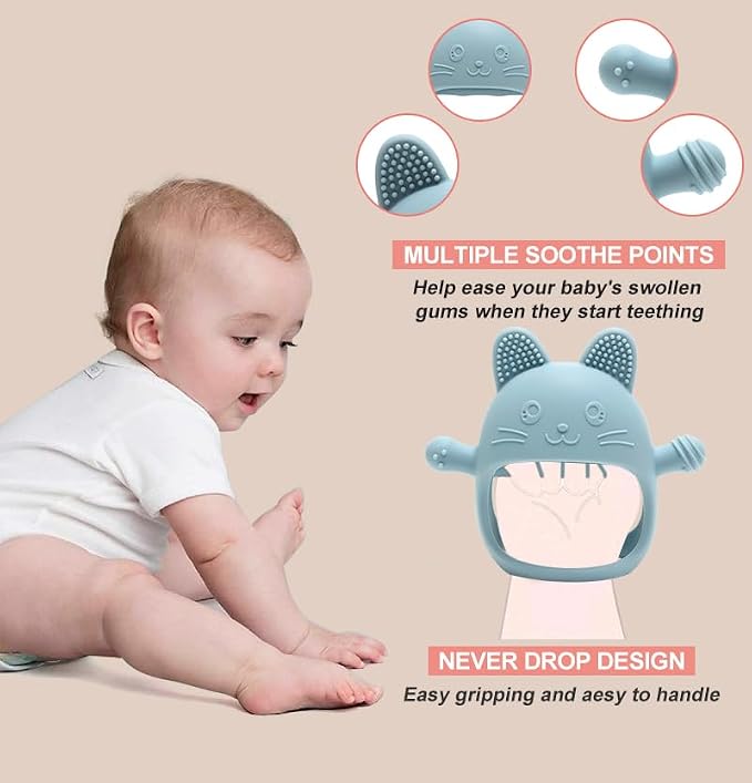HippoBaby Rabbit Hand Guard Teether 2-Pack – Silicone Baby Teething Toys for Infants, Toddlers & Newborns – 100% Food Grade, BPA-Free¸Flexible Gum Soother (Rabbit Hand Guard - Blue/Green)