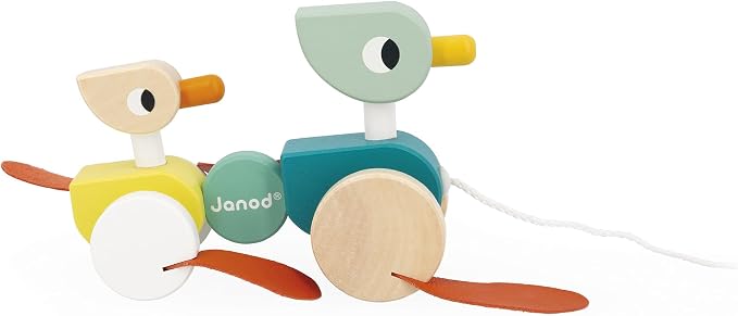 Janod Zigolos Pull Along Duck Family Early Learning and Motor Skills Toy with Flapping Feet Made of Beech and Cherry Wood for Ages 12 Months